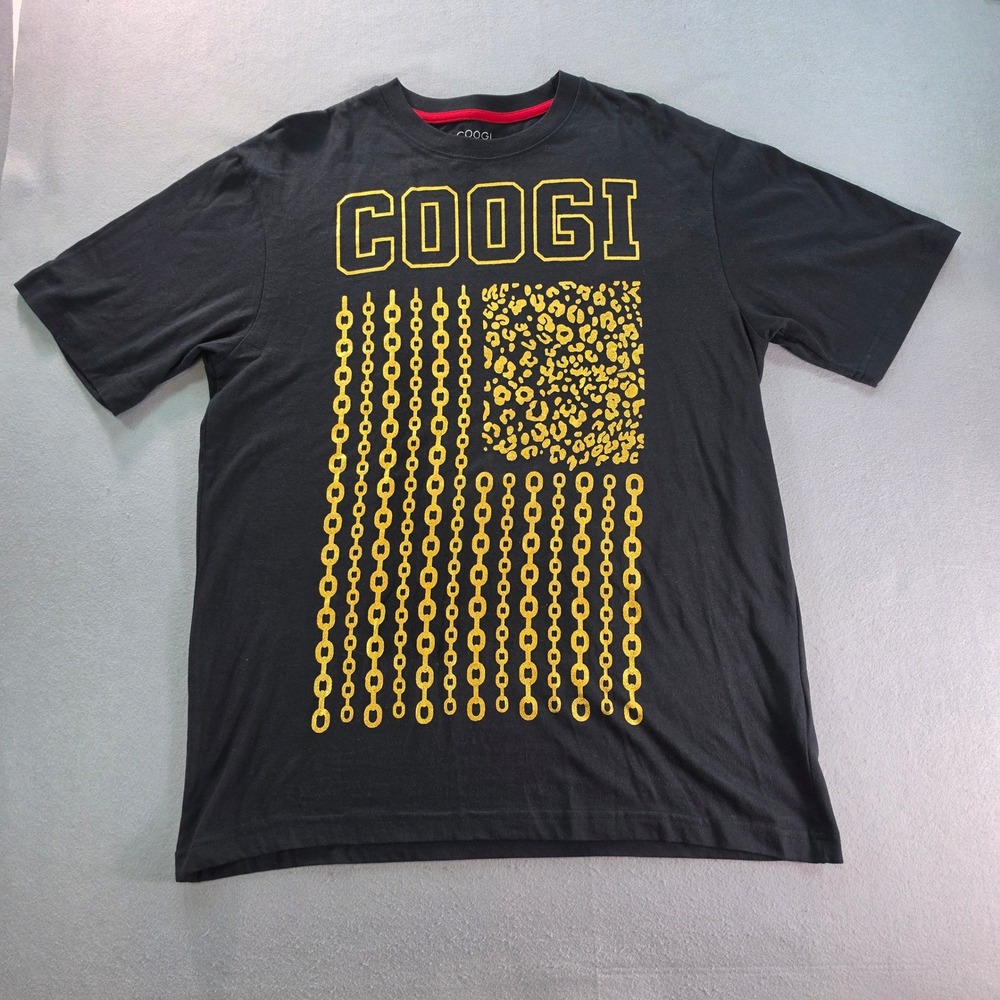 COOGI Mens Black Graphic Tee Gold Foil Chain Leopard Y2K Streetwear Large